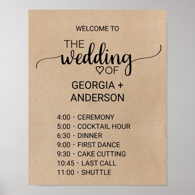 Póster Simple Faux Kraft Caligrafía Orden de eventos (Frente)