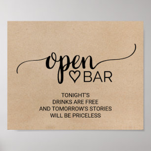 Póster Simple Faux Kraft Calligraphy Open Bar Rótulo