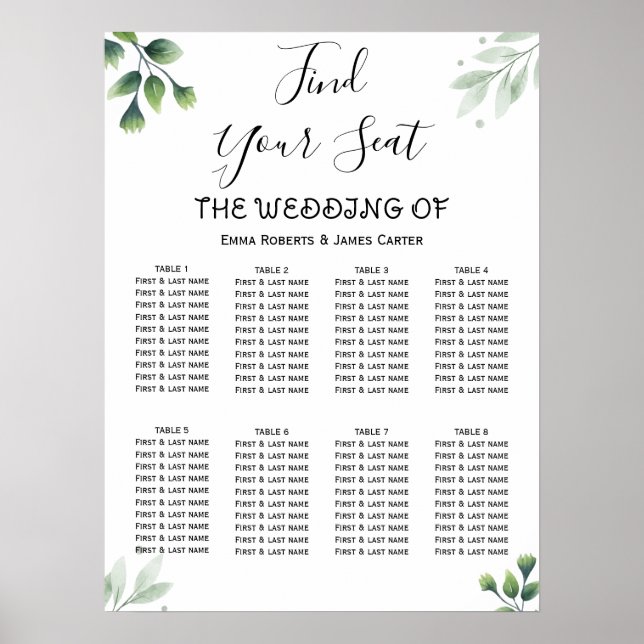 Póster Simple Greenery Elegant Wedding Seating Chart (Frente)