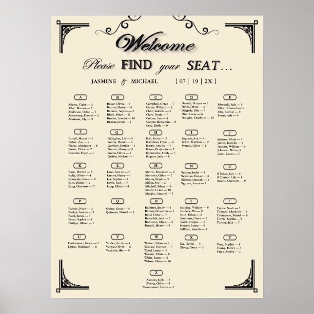 Póster Simple Ivory Alphabetical Wedding Seating Chart (Frente)