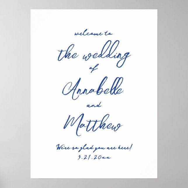 Póster Simple Letrero de Bienvenida de Boda Manuscrito Az (Frente)