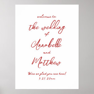 Póster Simple Letrero de Bienvenida de Boda Rojo Escrito
