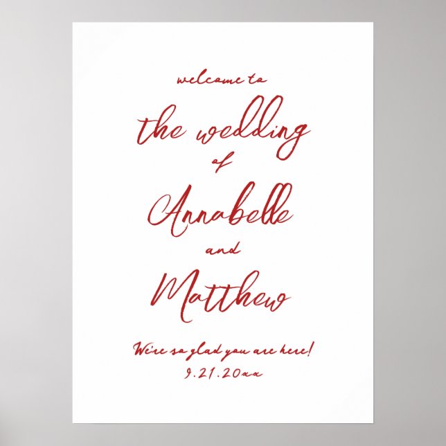 Póster Simple Letrero de Bienvenida de Boda Rojo Escrito  (Frente)