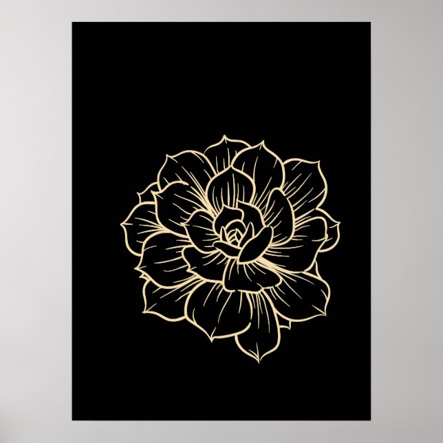 Póster Simple Línea Floral Mínima Flor Flor Amarillo Negr (Frente)
