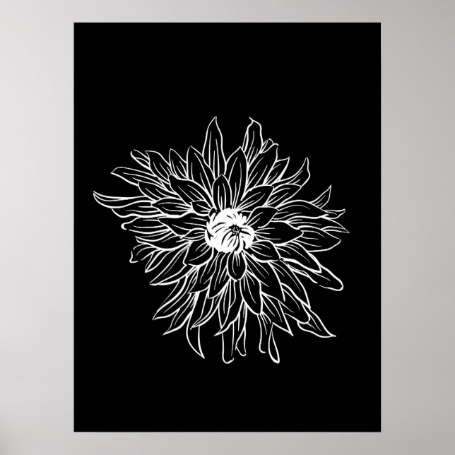 Póster Simple Línea Floral Mínima Flor Flor Blanco Negro (Frente)