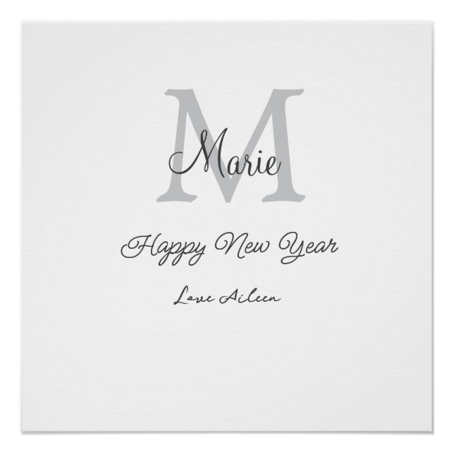 Póster simple minimal happy new year monogram gray name  (Anverso)