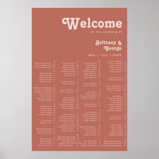 Póster Simple Retro Vibes | Old Rose Alphabetical Seating (Frente)