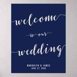 Póster Simple Rótulo de recepción de boda azul de la Mari