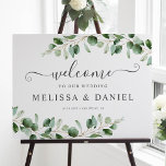 Póster Simple signo de bienvenida del Boda Eucalyptus Gre<br><div class="desc">Diseñada para coordinar con nuestra colección de bodas Moody Greenery, esta plantilla de señalización de bienvenida de personalizable incluye ramas de eucalipto de color agua y se ha combinado con una caligrafía caprichosa y un tipo de letra serif elegante en gris. Para realizar cambios avanzados, seleccione la opción "Hacer clic...</div>