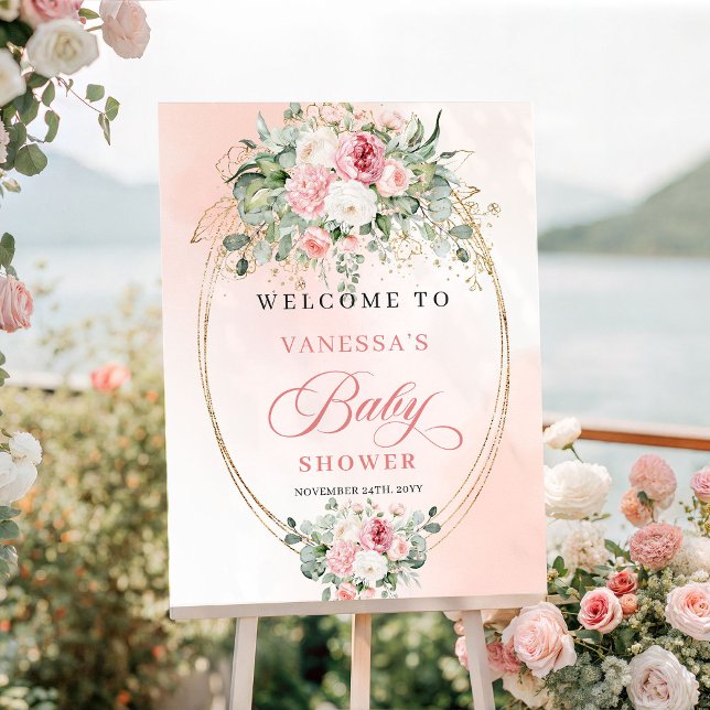 Póster Simple signo de bienvenida para baby shower con ro (Simple Boho Blush Roses Greenery Baby Shower Sign)