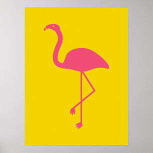 Póster Simple silueta de flamenco rosa sobre amarillo