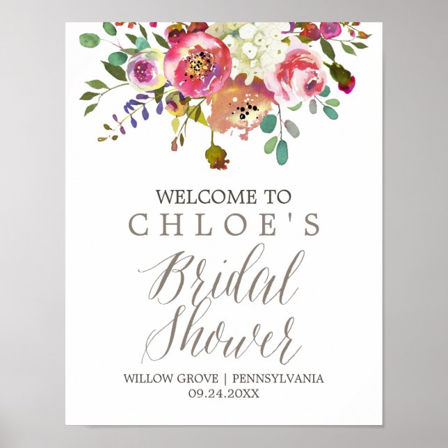 Póster Simple Watercolor Bouquet Bridal Shower Welcome (Frente)