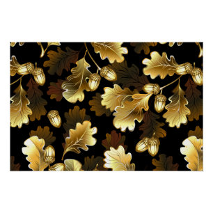 Póster Sin costuras con ramas de roble dorado sobre negro