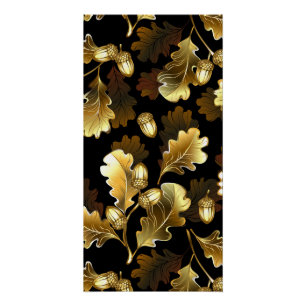 Póster Sin costuras con ramas de roble dorado sobre negro