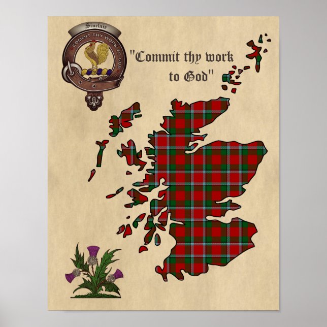 Póster Sinclair Clan Badge y Tartan Poster 11x14 (Frente)