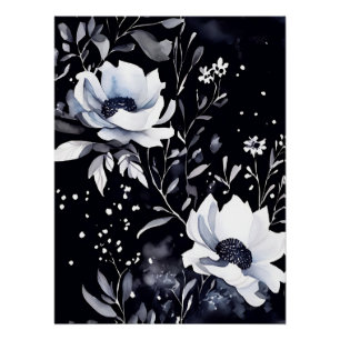 Póster Sinfonía floral acuática de medianoche en negro