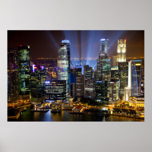 Póster Singapur downtown ciudad por la noche