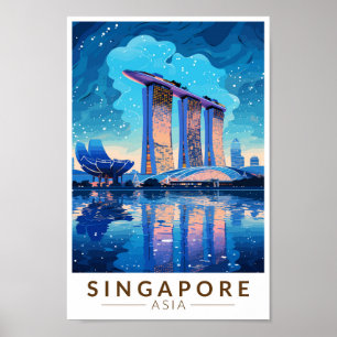 Póster Singapur Marina Bay Night Travel Art Vintage
