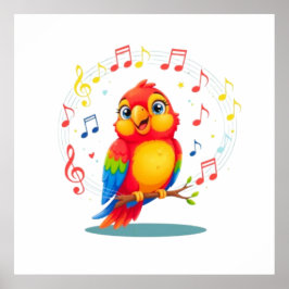 Póster **Singing Parrot – Cute Parrot Singing Illustratio