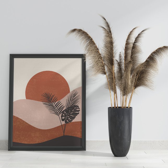 Póster Sinopsis del paisaje de Boho (Boho Abstract Landscape Sunset Poster on the floor in black frame next to pampas grass)