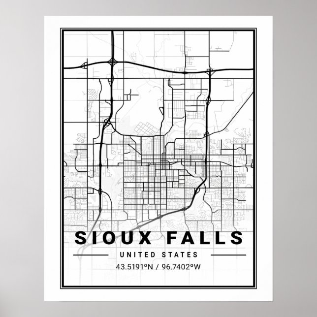 Póster Sioux Falls South Dakota EE.UU. Mapa de la ciudad  (Frente)