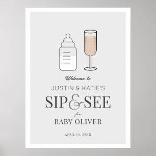 Póster Sip & See Champagne Grey Baby Shower Welcome