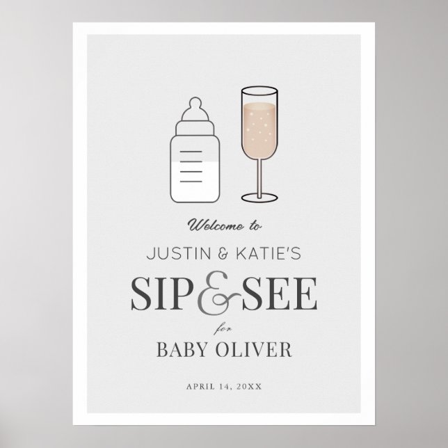 Póster Sip & See Champagne Grey Baby Shower Welcome (Frente)