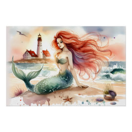 Póster Sirena acuarela junto a la orilla del faro