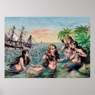Póster Sirena Antiguo Mágico Náutico Océano