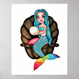 Póster Sirena Arcoiris Con Perla En Acuarela