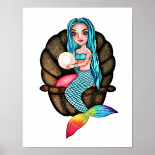Póster Sirena Arcoiris Con Perla En Acuarela