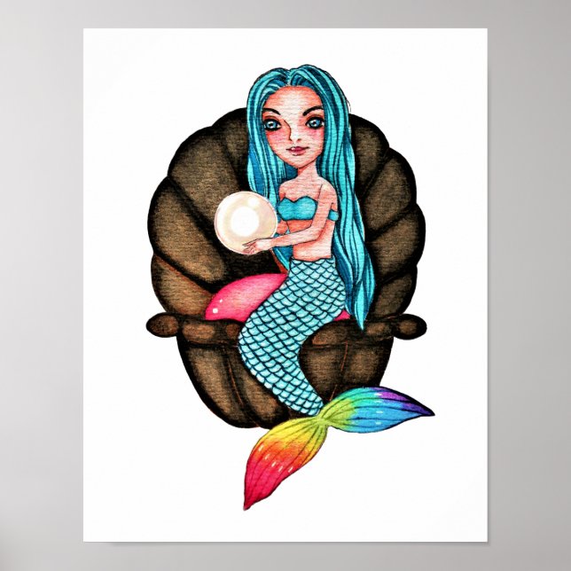 Póster Sirena Arcoiris Con Perla En Acuarela (Frente)