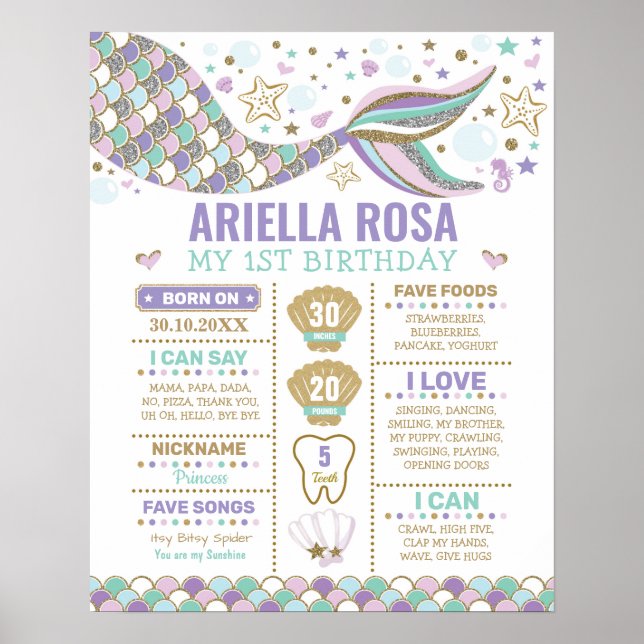Póster Sirena Bajo el Mar Océano Cumpleaños 1 año Hito (Frente)