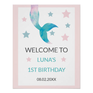 Póster Sirena Bajo el Mar Pastel Cumpleaños Chica