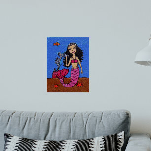 Póster Sirena Cabello Oscuro Bonito Caballito de Mar Pez