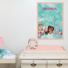 Póster Sirena Cabello Oscuro Estrella de Mar Rosa Diseño 