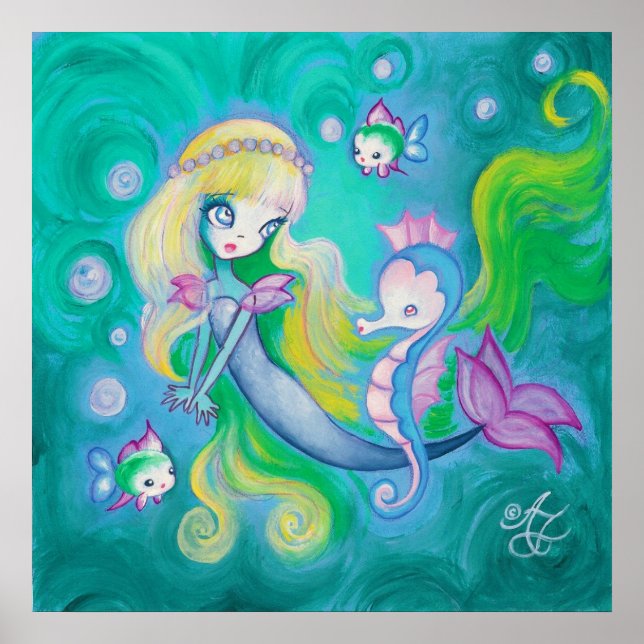 Póster Sirena Con Caballo De Mar Y Pescado (Frente)