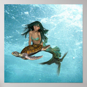 Póster Sirena con Poster de tortuga marina