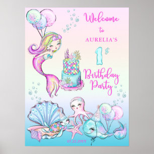 Póster Sirena Cuta   Chica marítimo 1er cumpleaños Fiesta