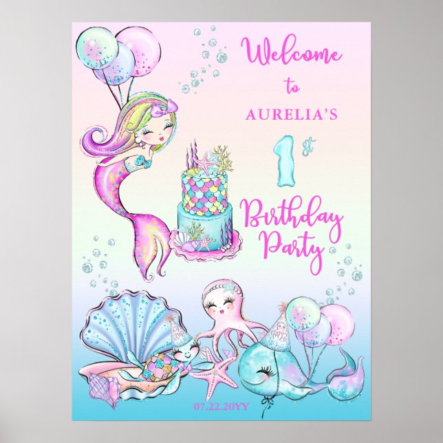 Póster Sirena Cuta | Chica marítimo 1er cumpleaños Fiesta (Frente)