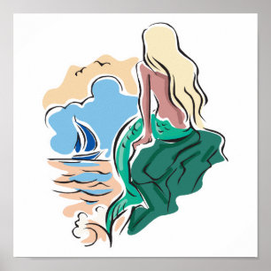 Póster sirena de bonito sentada en la roca