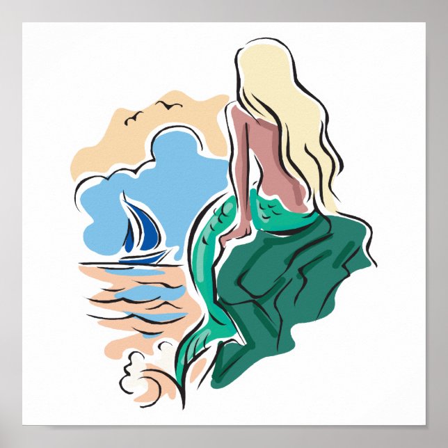 Póster sirena de bonito sentada en la roca (Frente)