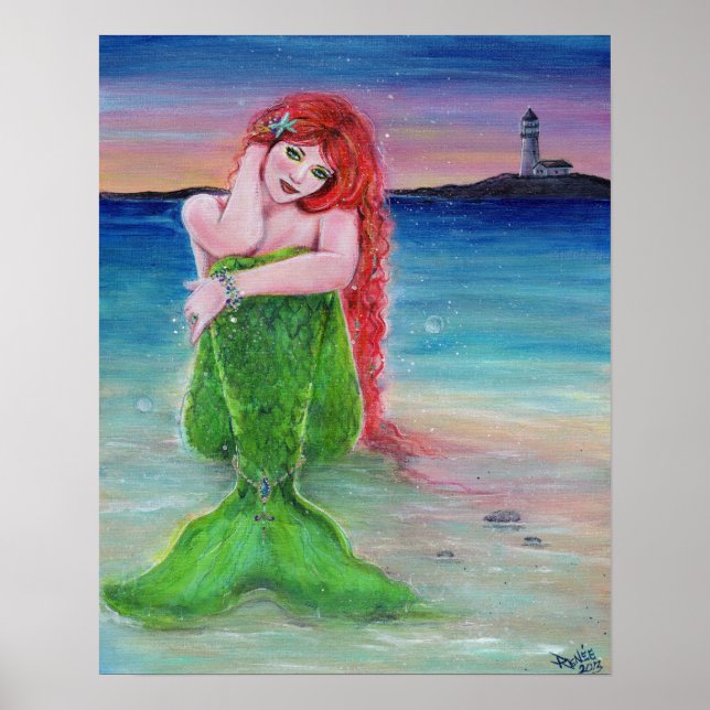Póster Sirena de cabeza roja en la playa con faro (Frente)