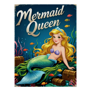Póster Sirena de Dibujos Animados Caprichosa Bajo el Agua