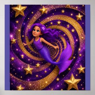 Póster Sirena de Estrella Dorada Púrpura Ilusión Óptica  