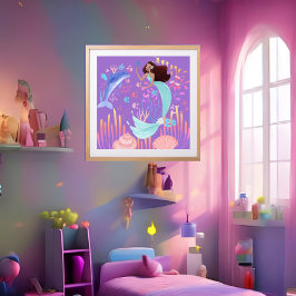 Póster Sirena de fantasía púrpura rosa azul delfín océano