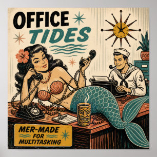 Póster Sirena de mediados de siglo en el escritorio