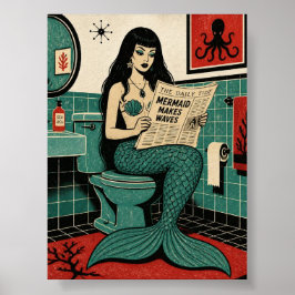 Póster Sirena de mediados de siglo en el inodoro leyendo