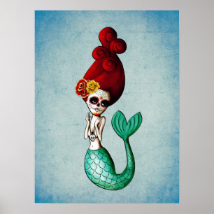 Póster Sirena Dia de Los Muertos La Catrina