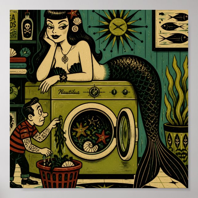 Póster Sirena divertida de mediados de siglo de la ropa (Frente)